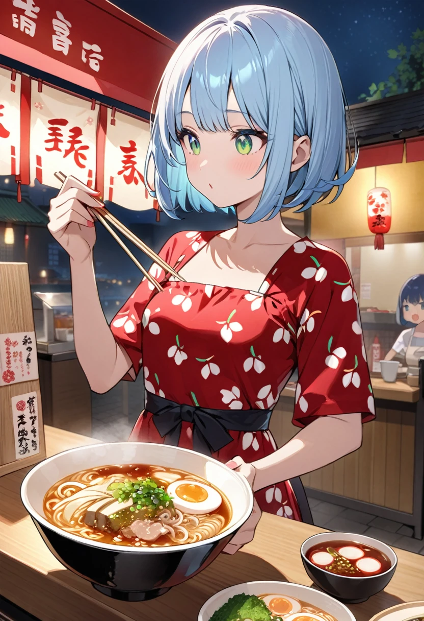 Light blue hair、Short Bob、Deep green eyes、Small breasts、Cherry print dress、Ramen stall、night、counter、Eat soy sauce ramen