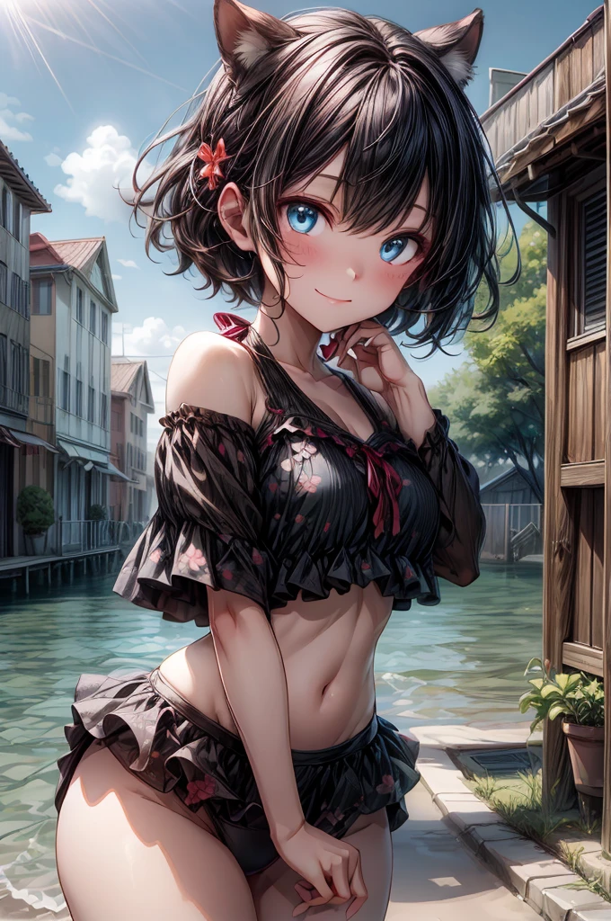 masterpiece, best quality, extremely detailed CG unity 8k wallpaper, Short Hair、Sandy Beach、Ride on a floating ring、Bikini Skirt, Yellow Bikini、Green Bikini、White Bikini、Golden Ratio、 sunny, blue sky, Outdoor, 斬新なデザインのSwimwear, 色とりどりのSwimwear, Polka dot pattern, Floral,(Tabletop.Highest quality).(Cowboy Shot). (Amazingly detailed CG paintings),(Perfect Image)、smile, smile, Comic Strip, ((Two Girls)), Detailed face、Perfect Face.Delicate face、Textured skin、Colorful hair colors, Cat ear girl、((Beautiful Blue Eyes)).Delicate and beautiful eyes、The eyes are detailed、Reflective Eyes、smile.(Gazing at the audience:1.3).(My face got a little red:0.8)、8k wallpaper、(((Cowboy Shot)))、reflected light、Attention to detail、Complex、Delicate background、Textured skin、Detailed skin、Swimwear, ((カラフルなSwimwear)), リアリスティックなSwimwear, 質感のあるSwimwear, 超高精細なSwimwear, ((Realistic Ocean)), ribbon, Floral, Aloha pattern, One Shoulder, カラフルなSwimwear, クリスタルなSwimwear, Lens flare