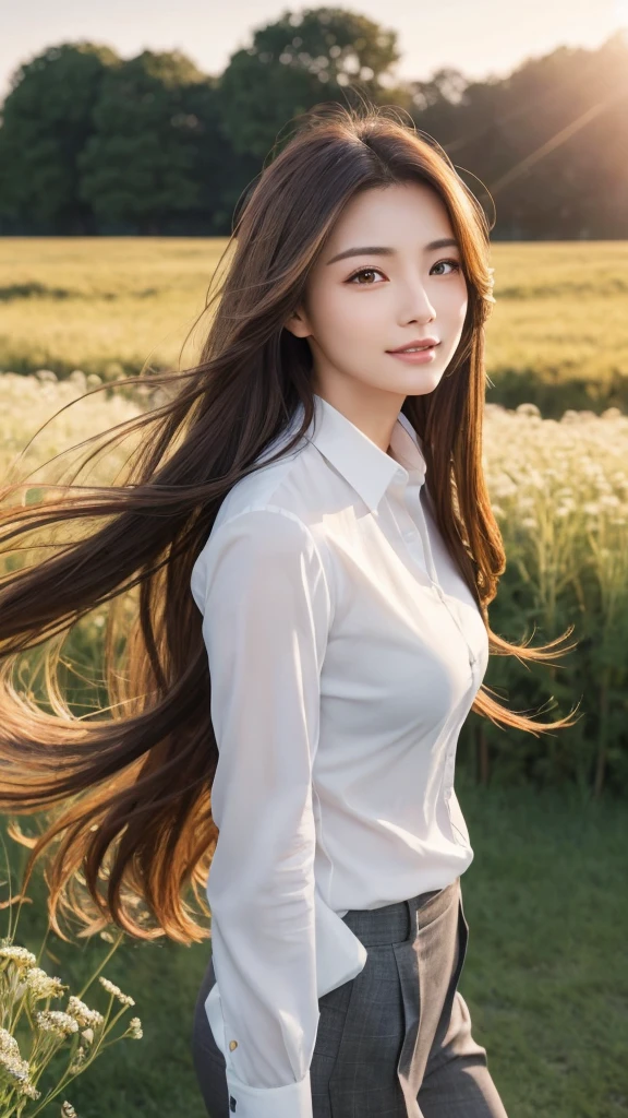 highest quality、genuine、Super detailed、finely、High resolution、8k wallpaper、one beautiful woman、、、light brown disheveled hair、wearing a business suit、sharp focus、perfect dynamic composition、beautiful and detailed eyes、thin hair、Detailed genuine skin texture、smile、model body shape、In a windswept meadow
