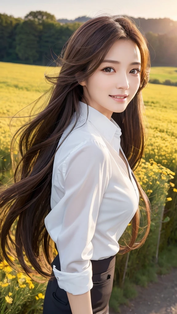 highest quality、genuine、Super detailed、finely、High resolution、8k wallpaper、one beautiful woman、、、light brown disheveled hair、wearing a business suit、sharp focus、perfect dynamic composition、beautiful and detailed eyes、thin hair、Detailed genuine skin texture、smile、model body shape、In a windswept meadow