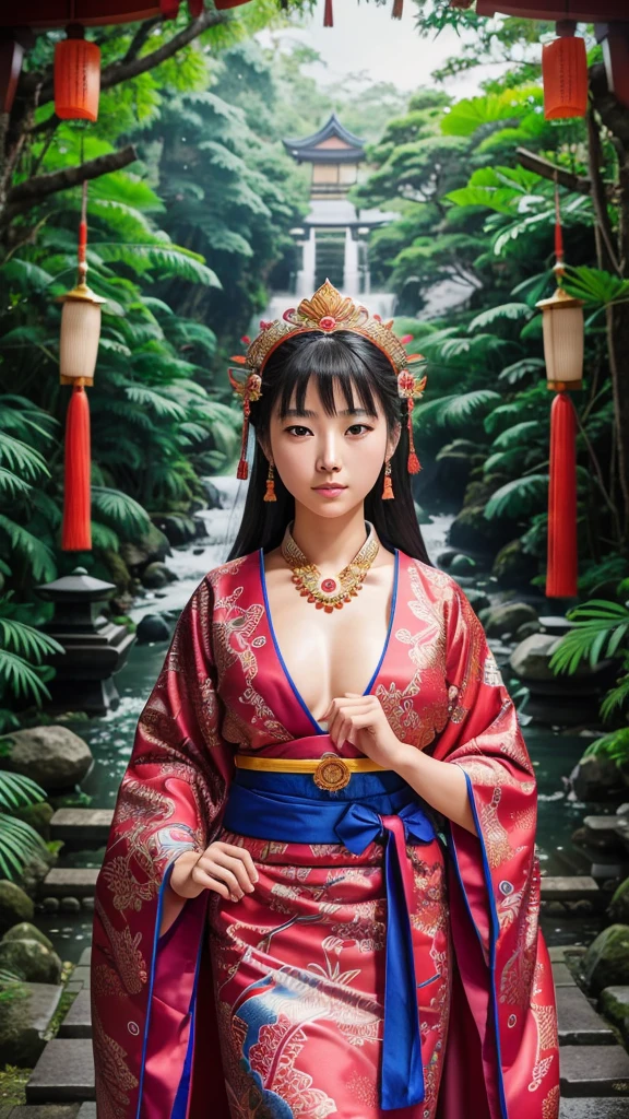 A detailed illustration of Himiko, the 3rd century queen of Yamataikoku in Japan。She reflects status and mystical powers.、Wearing traditional ceremonial clothing with elaborate patterns and decorations。flowing robe、Decorated head ornament、Wearing ceremonial jewelry。Background、shrine、torii、Or includes elements of ancient Japan such as jungle、Depicts tranquil and mysterious natural settings。Her expression is calm and dignified.、Represents wisdom and authority。