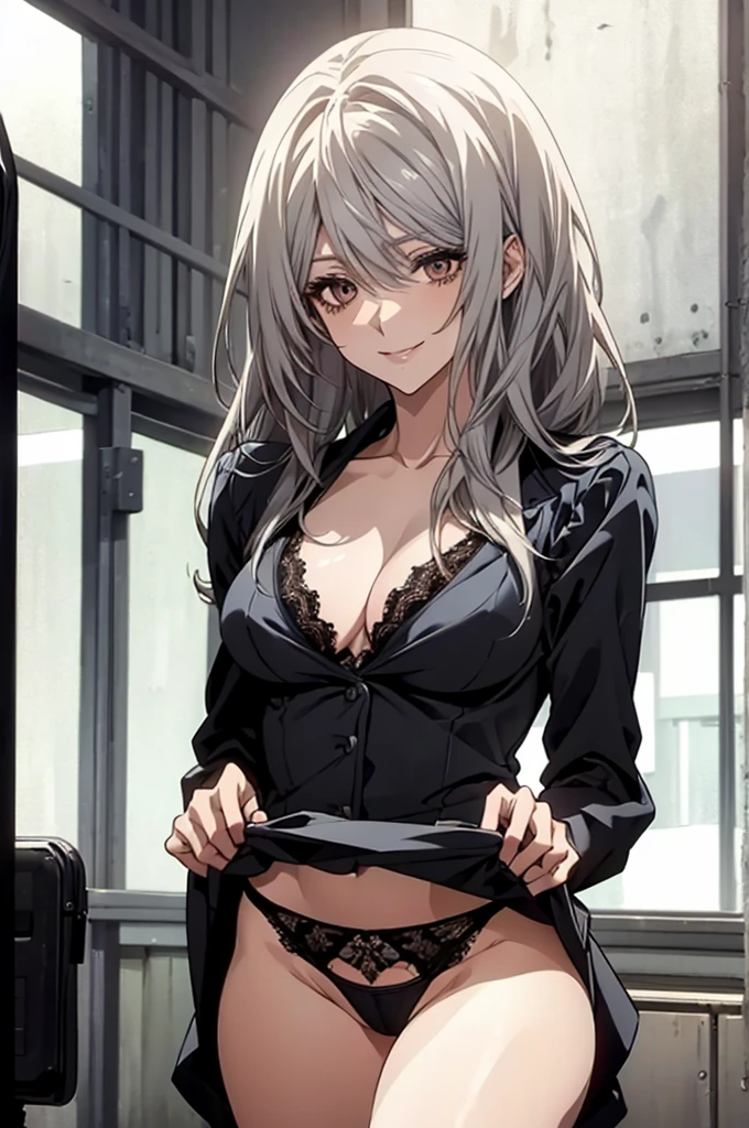 (Highest quality, High resolution, Very detailed), 1 female, Silver Hair, Long Hair, Reddish brown eyes, suits skirt, lace thong, Large Breasts, secretary, 24th generation, Beautiful woman, mature, thin, quiet, Calm, Large Breasts, A small smile, office,