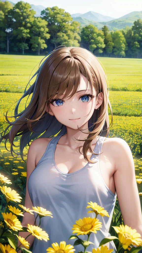 highest quality、genuine、Super detailed、finely、High resolution、8k wallpaper、one beautiful woman、、、light brown disheveled hair、wearing a tank top、sharp focus、perfect dynamic composition、beautiful and detailed eyes、thin hair、Detailed genuine skin texture、smile、model body shape、In a windswept meadow