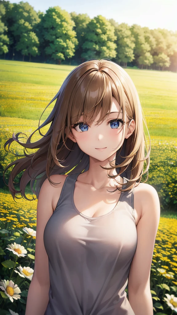 highest quality、genuine、Super detailed、finely、High resolution、8k wallpaper、one beautiful woman、、、light brown disheveled hair、wearing a tank top、sharp focus、perfect dynamic composition、beautiful and detailed eyes、thin hair、Detailed genuine skin texture、smile、model body shape、In a windswept meadow