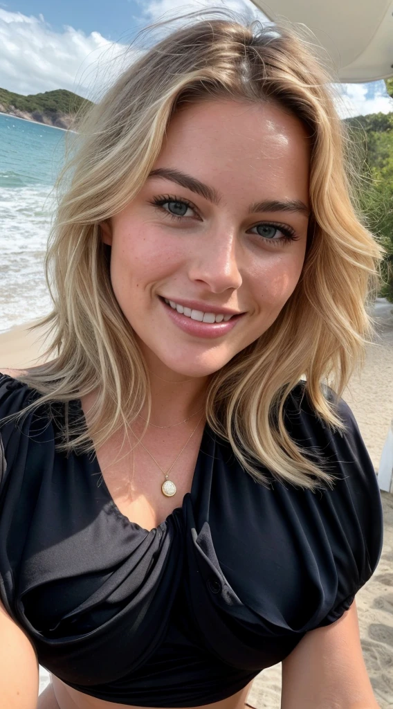 ((margot robbie:0.5), (claudia schiffer:0.5), european, perfect body, perfect face, perfect face, instagram model, silky dark blond short hair, hair short blown by the wind, no fringe on hair, ((extra huge larger breasts)), (small hips), small thighs, Detailed face, Realistic skin, smiling, Beautiful, Front view, selfie, photo taken with iPhone, high quality, selfie iPhone, cleavage