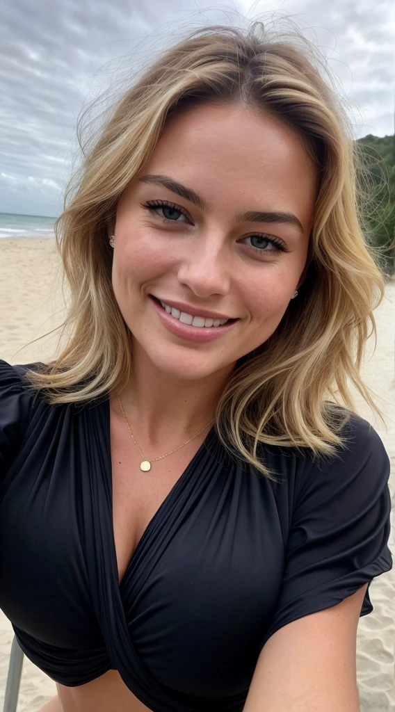 ((margot robbie:0.5), (claudia schiffer:0.5), european, perfect body, perfect face, perfect face, instagram model, silky dark blond short hair, hair short blown by the wind, no fringe on hair, ((extra huge larger breasts)), (small hips), small thighs, Detailed face, Realistic skin, smiling, Beautiful, Front view, selfie, photo taken with iPhone, high quality, selfie iPhone, cleavage