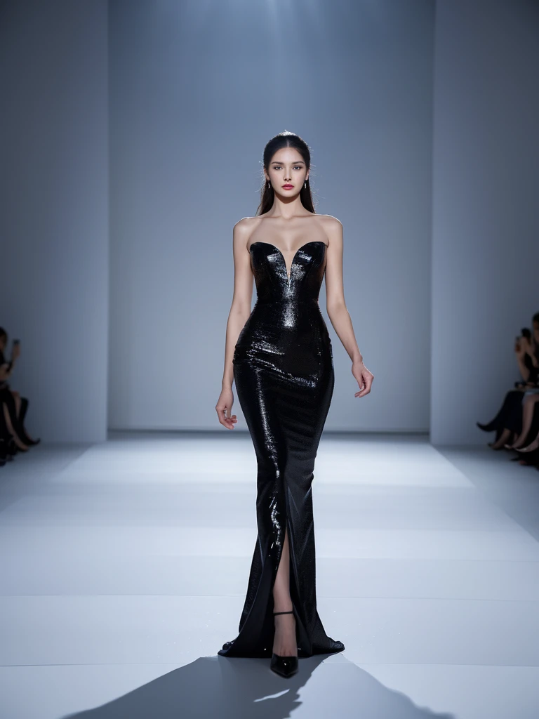 Elegant fashion model walking on a runway, high-end fashion show, dramatic lighting, professional photography, full body shot, flowing designer gown, confident pose, sleek hairstyle, haute couture, glamorous makeup, fashion week atmosphere, dynamic composition, 8k resolution, photorealistic