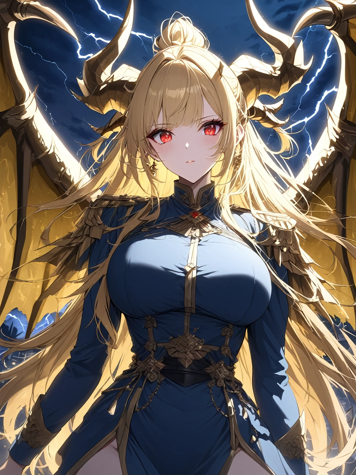 Masterpiece, very detailed, ultra detailed, one, (1 woman), she is in an ancient blue military uniform with white, long golden hair and tied hair and wild bangs, yellow demonic horns, yellow dragon wings, beautiful, charming, bright blood-red eyes, light eyes, elegant, large breasts (huge), neutral face, she is against the background of the night sky, thunderstorms and lightning.
