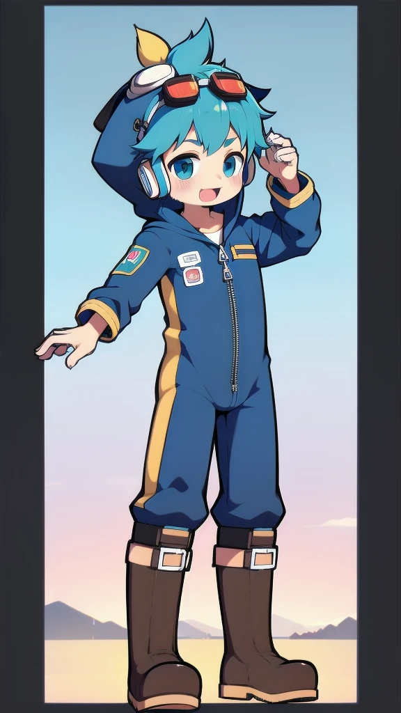 2D Boy Shota，One-piece mountaineering suit，Slim, healthy body，Put the headphones on your head，stand up，goggles，happy，Sailor collar，tie，Zipper pulled down，boots，hood，strap