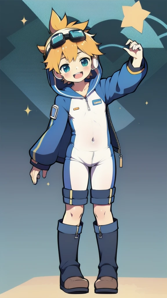 2D Boy Shota,One-piece mountaineering suit,Slim, healthy body,Put the headphones on your head,stand up,goggles,happy,Sailor collar,tie,Zipper pulled down,boots,hood,strap