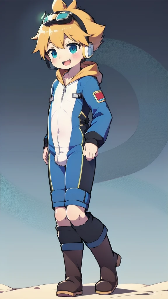 2D Boy Shota,One-piece mountaineering suit,Slim, healthy body,Put the headphones on your head,stand up,goggles,happy,Sailor collar,tie,Zipper pulled down,boots,hood,strap
