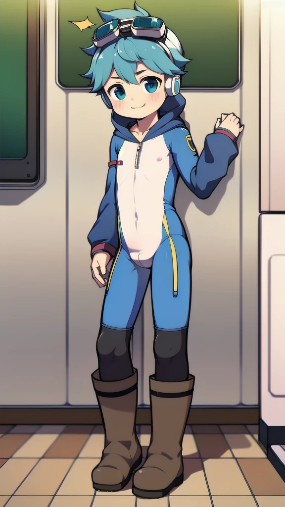 2D Boy Shota,One-piece mountaineering suit,Slim, healthy body,Put the headphones on your head,stand up,goggles,happy,Sailor collar,tie,Zipper pulled down,boots,hood,strap