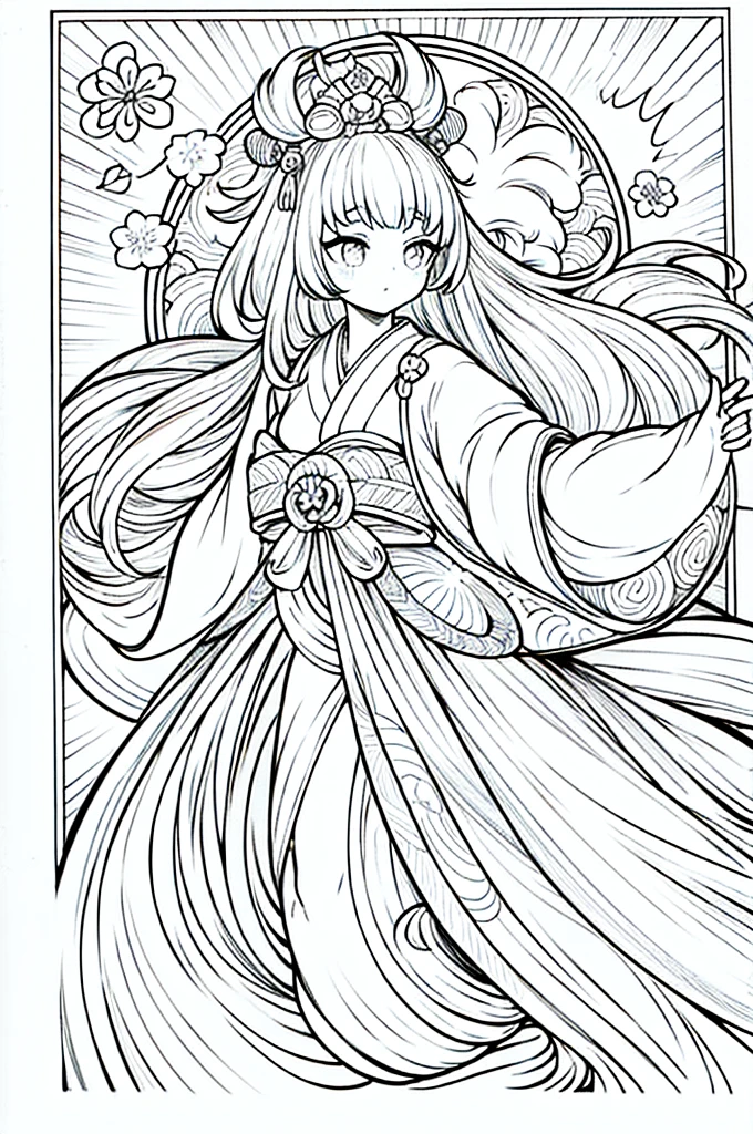 As a coloring book, the color should be black and white, the border should be simple, clear, and bold. A graceful Asian girl with elegant movements is performing a traditional Japanese dance in a grand [Kabuki theater]. She is wearing an exquisite [kimono with crane pattern], the flowing silk fabric accentuating her graceful movements. The girl's face is painted with delicate makeup, and her hair is adorned with an elaborate [hair ornament]. The intricate details of the kimono and the theater setting provide for the coloring book illustration.