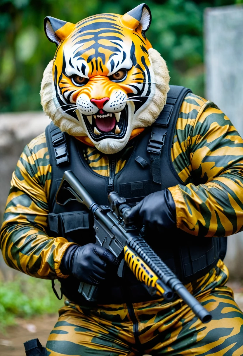 (a dark-skinned fat old man in a bulky camouflage zipper diver suit) shooting with a gun and (wearing roaring siberian tiger mask that show the wearer eyes), muscular, Basuki Abdullah, sumatraism, action, a character portrait, heroic, fierce, snarling