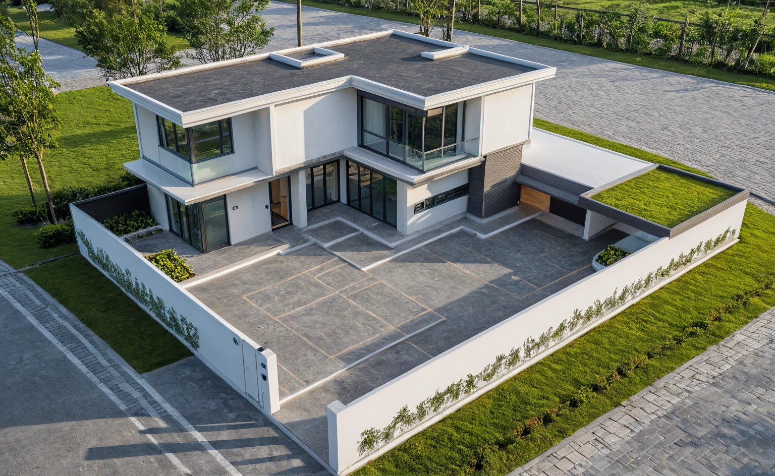 Masterpiece, high quality, best quality, authentic, super detail, outdoors, onestoreyvillaXL, aiaigroup, house style modern on the street ,stairs, white wall ,road,pavement, grass, trees, sky, cloud, (daylight:1.1)