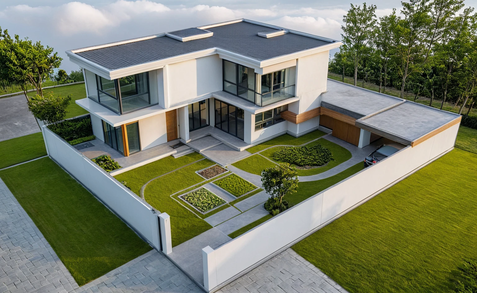 Masterpiece, high quality, best quality, authentic, super detail, outdoors, onestoreyvillaXL, aiaigroup, house style modern on the street ,stairs, white wall ,road,pavement, grass, trees, sky, cloud, (daylight:1.1)
