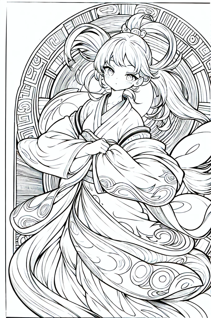As a coloring book, the color should be black and white, the border should be simple, clear, and bold. A graceful Asian girl with elegant movements is performing a traditional Japanese dance in a grand [Kabuki theater]. She is wearing an exquisite [kimono with crane pattern], the flowing silk fabric accentuating her graceful movements. The girl's face is painted with delicate makeup, and her hair is adorned with an elaborate [hair ornament]. The intricate details of the kimono and the theater setting provide for the coloring book illustration.