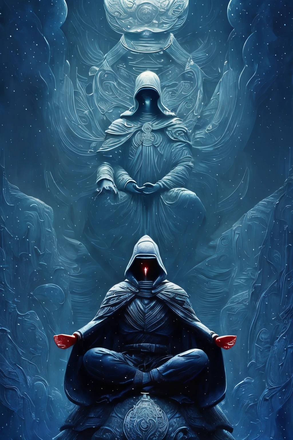 
painting of a man sitting in a meditation position on a blue surface, adim kashin, inspired by Enki Bilal, hooded figure, inspired by Gyoshū Hayami, painting of white human figures, detailed painting of dune movie, with no face, ditigal painting, hooded figures, vdragan bibin, shikanosuke yagaki