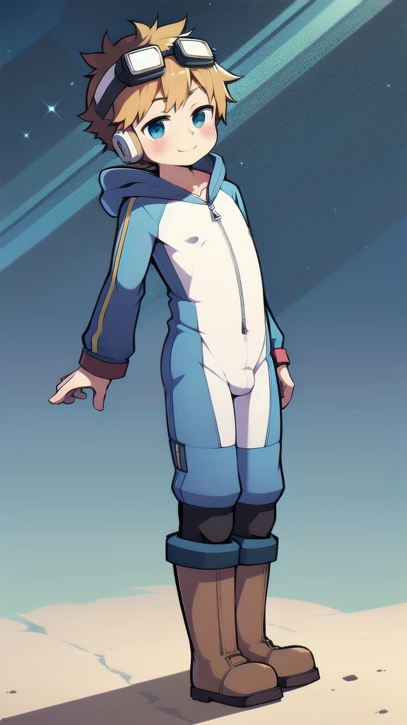 2D Boy Shota,One-piece mountaineering suit,Slim, healthy body,Put the headphones on your head,stand up,goggles,happy,Sailor collar,tie,Zipper pulled down,boots,hood,strap