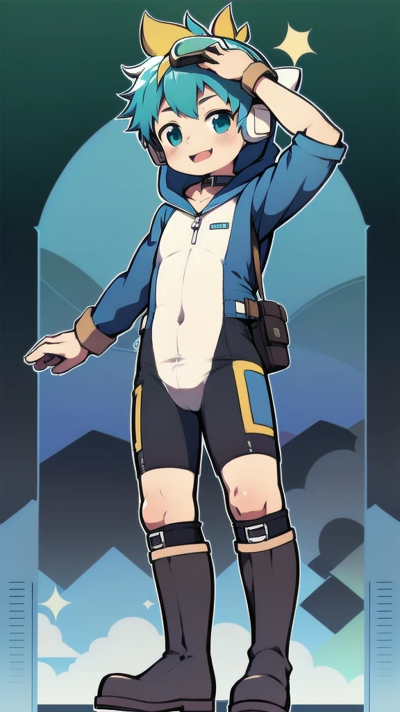 2D Boy Shota，One-piece mountaineering suit，Slim, healthy body，Put the headphones on your head，stand up，goggles，happy，Sailor collar，tie，Zipper pulled down，boots，hood，strap