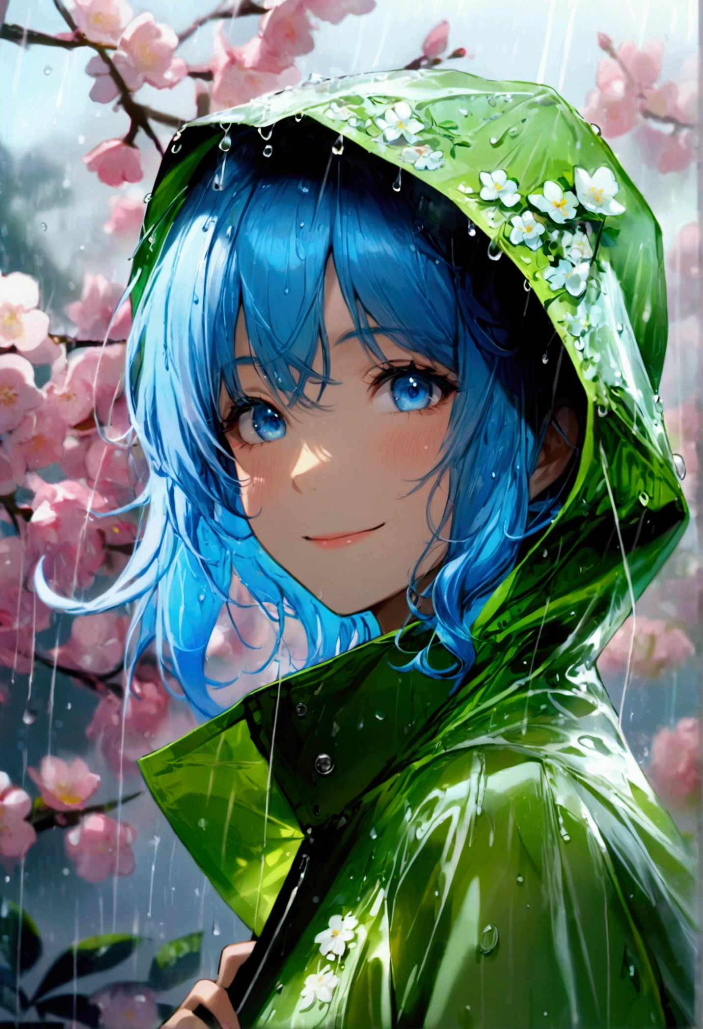 ((Top quality)), ((masterpiece)), ((Ultra Detailed)), (Extremely refined), Beautiful woman, Bright light blue hair, Long wavy hair, Sapphire blue eyes, Wearing a spring green raincoat, Raincoat with hood, The raincoat hood is translucent, Raincoat hood with leaves embedded in it, Raincoat hood with delicate white flowers, The raincoat is transparent, Elegant smile, sweet smile, Relaxed expression, Fair skin, Rainy spring background