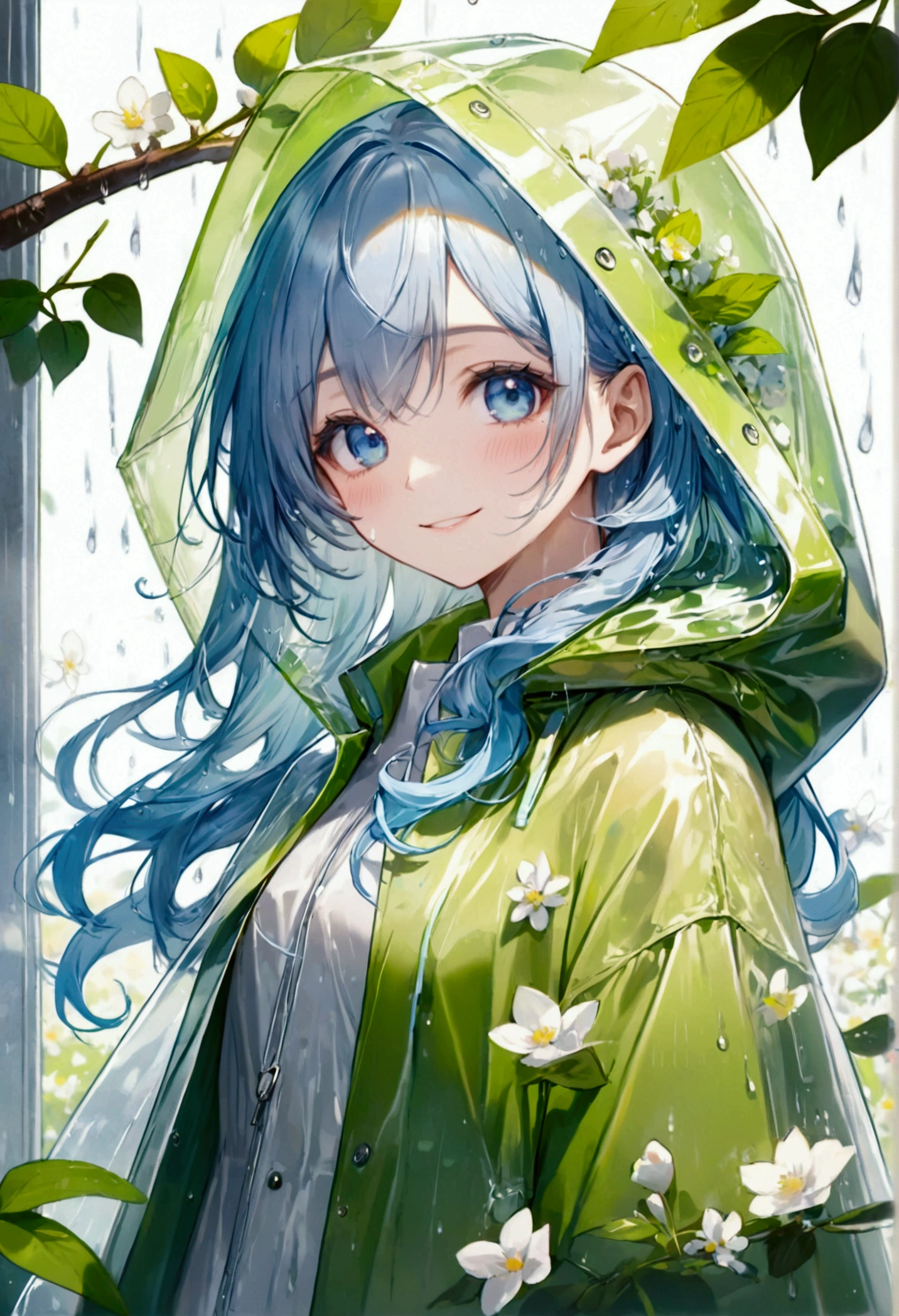 ((Top quality)), ((masterpiece)), ((Ultra Detailed)), (Extremely refined), Beautiful woman, Bright light blue hair, Long wavy hair, Sapphire blue eyes, Wearing a spring green raincoat, Raincoat with hood, The raincoat hood is translucent, Raincoat hood with leaves embedded in it, Raincoat hood with delicate white flowers, The raincoat is transparent, Elegant smile, sweet smile, Relaxed expression, Fair skin, Rainy spring background