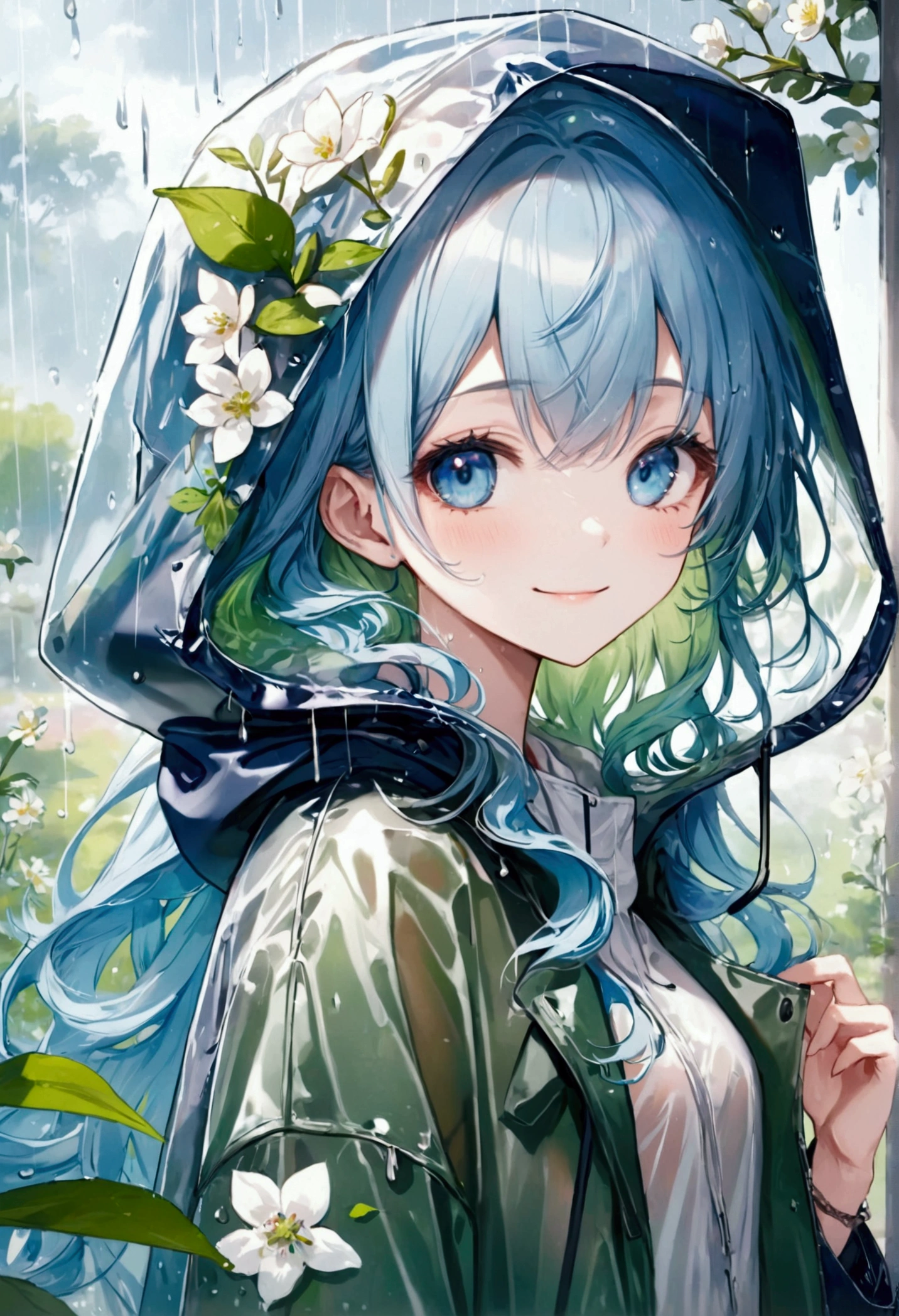 ((Top quality)), ((masterpiece)), ((Ultra Detailed)), (Extremely refined), Beautiful woman, Bright light blue hair, Long wavy hair, Sapphire blue eyes, Wearing a spring green raincoat, Raincoat with hood, The raincoat hood is translucent, Raincoat hood with leaves embedded in it, Raincoat hood with delicate white flowers, The raincoat is transparent, Elegant smile, sweet smile, Relaxed expression, Fair skin, Rainy spring background