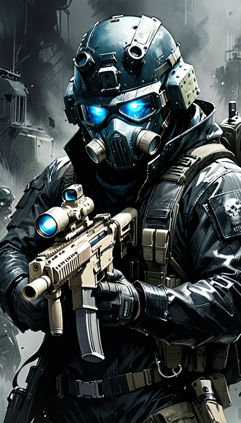 in style of Ashley Wood,1man,Character Design and Doomsday,Details,glowing steelblue eyes,detailsTextured Skin,Night vision devices,Black leather coat,Tactical masks,Holding a gun,aim action,(aim:1.2),Modified firearmodify heavy firearms