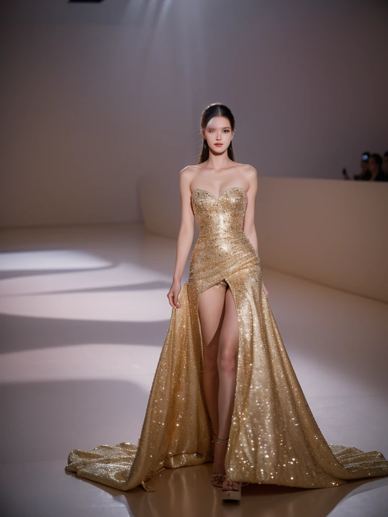 Elegant fashion model walking on a runway, high-end fashion show, dramatic lighting, professional photography, full body shot, flowing designer gown, confident pose, sleek hairstyle, haute couture, glamorous makeup, fashion week atmosphere, dynamic composition, 8k resolution, photorealistic