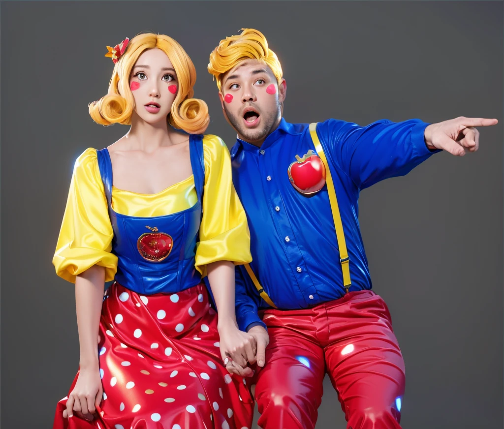 The image features a couple, both dressed in costumes representing the characters of Snow White and the Seven Dwarfs, standing against a black background. 3d style, simplified design, 3d render, glossy texture, smooth 3d model, multiple light sources, rim light, sharp post effects render, (glossy plastic texture with multiple big light probe refractions), perfect cgi, smooth silhouette, high intensity refraction, (super glossy material), most beautiful vfx , blue background, plastic refractions, realistic, 4k, high resolution, rim light, photo shoot, commercial photo, profile shot, 4k, rim light, high resolution, 4k, glossy texture, smooth 3d model, multiple light sources, rim light, sharp post effects render, (glossy metallic texture with multiple big light probe refractions), perfect cgi, cgi art created only with gradients, smooth silhouette, high intensity refraction, (super glossy chrome material), most beautiful vfx, blue background, chrome metal refractions, multiple light sources, rim light, sharp post effects render, perfect cgi, digital art, detailed digital art, reflective, best quality, 4k, masterpiece:1.2, ultra-detailed, realistic, vivid colors, dark and moody lighting, The image of the highest quality, ensuring every detail is showcased perfectly. It in 4k resolution, allowing viewers to immerse themselves in the richness of the colors and intricate details. The realistic rendering. under the spotlight, reflecting, high-resolution image, realistic rendering, dark background, and rim light photorealistic