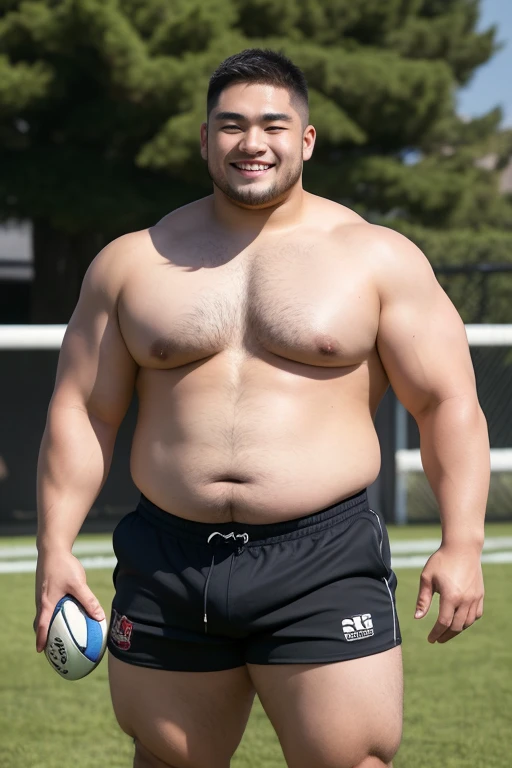 ((highest quality)), ((masterpiece)), (detailed), ((Perfect Face)), 4k, Shaved head, Young Japanese, Muscular, Fat body, Very big man, smile, ((showing off crotch))A large Japanese man topless、whole body、Rugby last week、Thick legs、Thick arm muscles、Intimidating、whole body、wearing a very tight black shorts