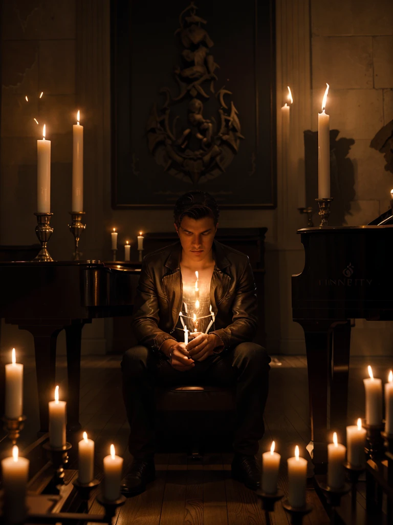 there is a man sitting on a bench surrounded by candles, album art, standing on top of a piano, lit with candles, amazing composition, dramatic candlelight, pianist, unimaginable composition, in a room full of candles, room full of candles, unreal engine ; romantic theme, candlelit, photoreal epic composition, romantic atmosphere, promo art, masterful composition!!!
