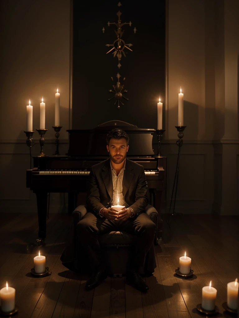 there is a man sitting on a bench surrounded by candles, album art, standing on top of a piano, lit with candles, amazing composition, dramatic candlelight, pianist, unimaginable composition, in a room full of candles, room full of candles, unreal engine ; romantic theme, candlelit, photoreal epic composition, romantic atmosphere, promo art, masterful composition!!!
