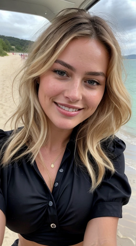 ((margot robbie:0.5), (claudia schiffer:0.5),  european, perfect body, perfect face, perfect face, instagram model, silky dark blond short hair short, hair short blown by the wind, no fringe on hair, ((extra huge larger breasts)), (small hips), small thighs, Detailed face, Realistic skin, smiling, Beautiful, Front view, selfie, photo taken with iPhone, high quality, selfie iPhone, cleavage