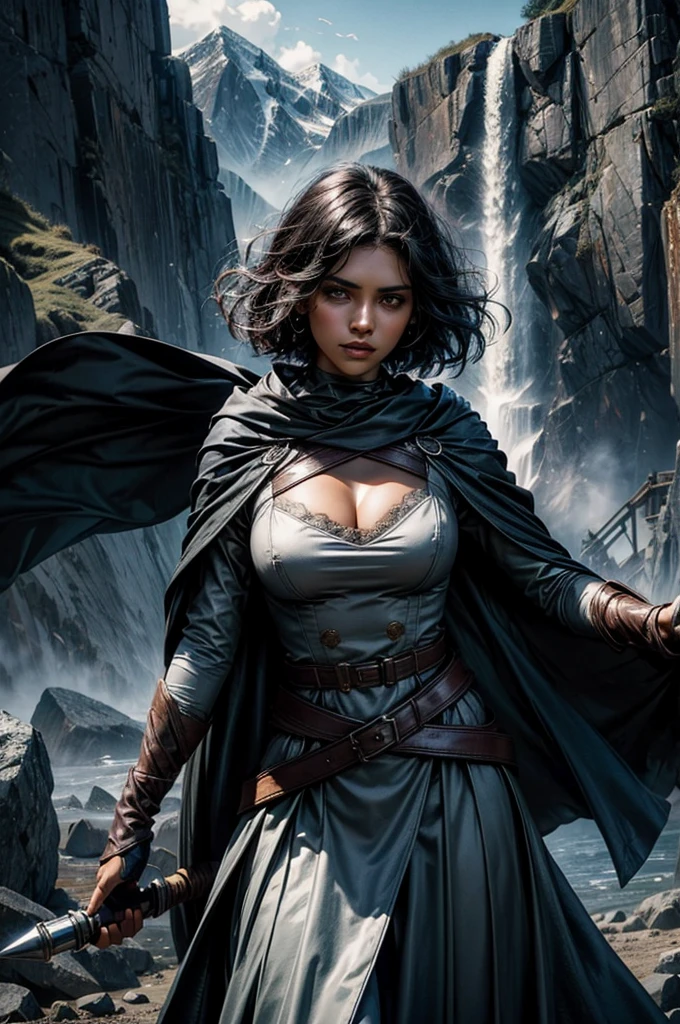 MariaCalavera, dark skin, black hair, short hair, silver eyes, dress, cleavage, cape, belts, hood, cowboy shot, (dynamic pose), standing in field in valley, BREAK mountains in background, waterfall, crowd, (crowd in military uniform), (volumetric lighting), intricate details, tonemapping, sharp focus, hyper detailed