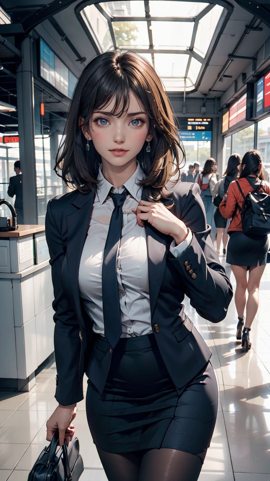 {{Mature Woman, White people}}, View your viewers, Hazel Eyes, Very detailed, Medium chest, Brown Hair, airport, flight attendant, uniform, Blue blazer, Blue tie, Blue Skirt, Midi Skirt, Pencil Skirt, Blue High Heels, Happy, 最high quality, high quality, Very detailed anime screencap, {{{{Crowded, Multiple Girls, Thousands of sisters, Millions of sisters,Billions of Sisters, clone, Doppelganger, Matching outfits, Matching hairstyle}}}}, whole body、smile、Cutesy