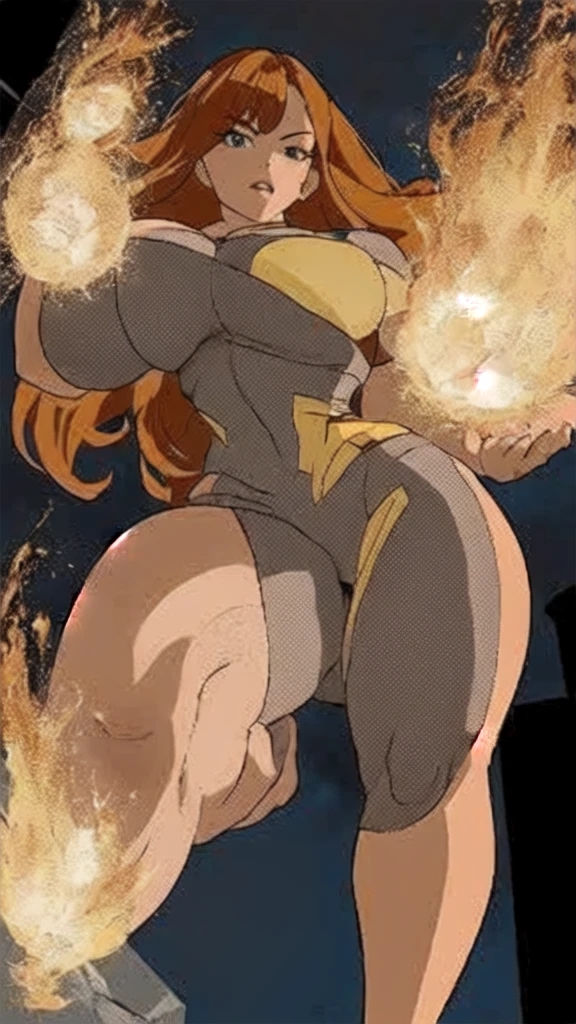 a cartoon of a woman with big breasts and large breasts, giantess art, giantess, macro giantess, hot fire giantess, giantess shot, extremely detailed giantess shot, highly detailed giantess shot, full body portrait of jean grey, posing in rock superhero pose, por Evan Charlton, powerful pose, perspective from below