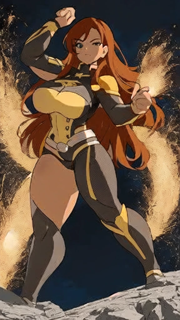 a cartoon of a woman with big breasts and large breasts, giantess art, giantess, macro giantess, hot fire giantess, giantess shot, extremely detailed giantess shot, highly detailed giantess shot, full body portrait of jean grey, posing in rock superhero pose, por Evan Charlton, powerful pose, perspective from below