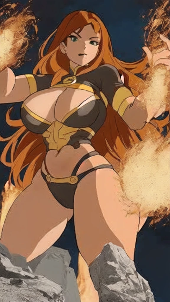 a cartoon of a woman with big breasts and large breasts, giantess art, giantess, macro giantess, hot fire giantess, giantess shot, extremely detailed giantess shot, highly detailed giantess shot, full body portrait of jean grey, posing in rock superhero pose, por Evan Charlton, powerful pose, perspective from below