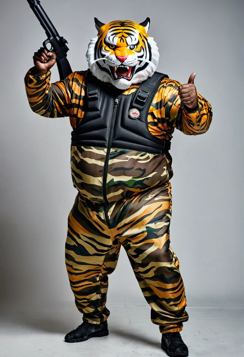 (a dark-skinned fat old man in a bulky camouflage zipper diver suit) shooting with a gun and (wearing roaring siberian tiger mask that show the wearer eyes), muscular, Basuki Abdullah, sumatraism, action, a character portrait, heroic, fierce, snarling