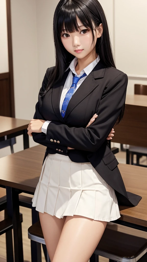 Tabletop、highlight、Asian woman、Black Hair、Heavy bangs、breast enhancement、high school girl、blazer、skirt、Gazing Eyes、Support your chest with your arms、