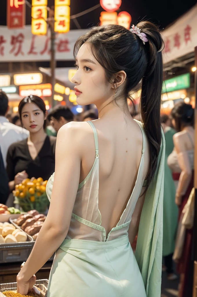 (((best quality))),(((ultra detailed))),(((masterpiece))),illustration,(1 beautiful girl,solo),(short ponytail:1.2),(sheer apron:1.2),((bare shoulder,bare arms)),((slim,thin)),((bare back,towering hips,butt crack)),shopping, market, meat, bustling,early morning,bright eyes, flushed face, lively appearance, energetic, vendors, calls, wares, plastic sheets, spices, haggling, examining, cuts, beef, stall, butcher paper, scale, kaleidoscope, colors, sounds, fruits, vegetables, animated, talking, joking, background, food stall, breakfast rolls, vendor, steaming, fresh bread, butter, early hour, energy, chatting, vibrant, chaotic, community,((night scene,outdoor)),(surrounded by crowded crowds:1.3),((from back,upper body))