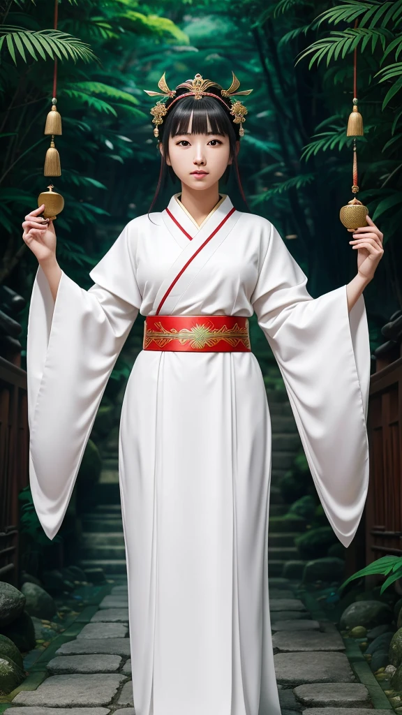A detailed illustration of Himiko, the 3rd century queen of Yamataikoku in Japan。She reflects status and mystical powers.、Wearing traditional ceremonial clothing with elaborate patterns and decorations。flowing robe、Decorated head ornament、Wearing ceremonial jewelry。Background、shrine、torii、Or includes elements of ancient Japan such as jungle、Depicts tranquil and mysterious natural settings。Her expression is calm and dignified.、Represents wisdom and authority。White clothes。