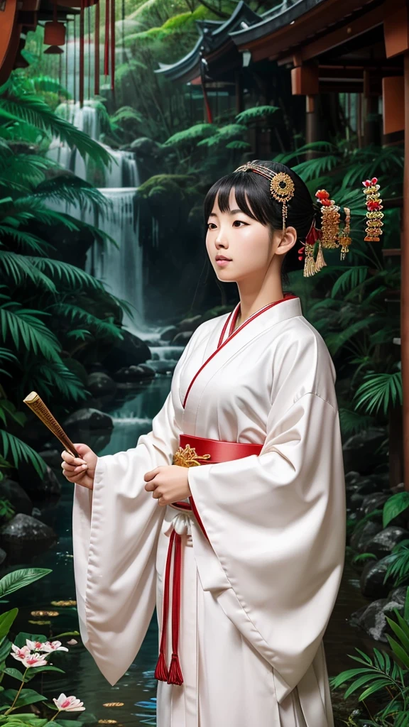 A detailed illustration of Himiko, the 3rd century queen of Yamataikoku in Japan。She reflects status and mystical powers.、Wearing traditional ceremonial clothing with elaborate patterns and decorations。flowing robe、Decorated head ornament、Wearing ceremonial jewelry。Background、shrine、torii、Or includes elements of ancient Japan such as jungle、Depicts tranquil and mysterious natural settings。Her expression is calm and dignified.、Represents wisdom and authority。White clothes。