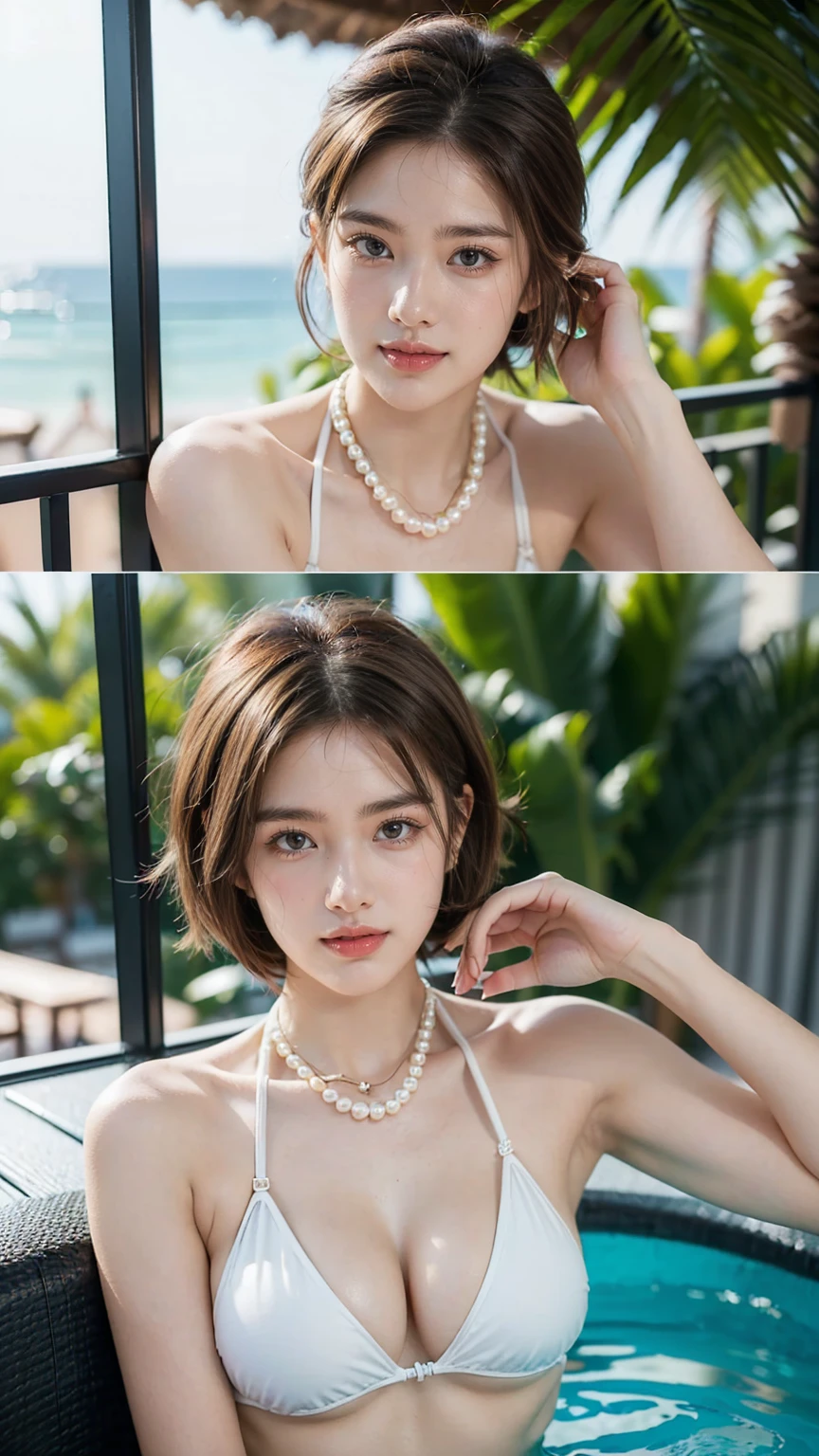 ((best quality, 8K, masterpiece :1.3)), (sharp focus :1.2, Beautiful woman with perfect body :1.4, slim abs :1.2), ((big bust, emphasize division:1.3)), (Photorealistic:1.4), (realistic:1.4), (short bob hair, light brown hair:1.5), Highly detailed face and skin texture, fine particles, double eyelid. makeup face, A little lipstick, necklace, earring, Sex appeal, sexy etching pose, (beautiful woman in bikini、She is smiling dazzlingly on the balcony of a resort hotel..。Shiny pearl ear cuff。:1.3)