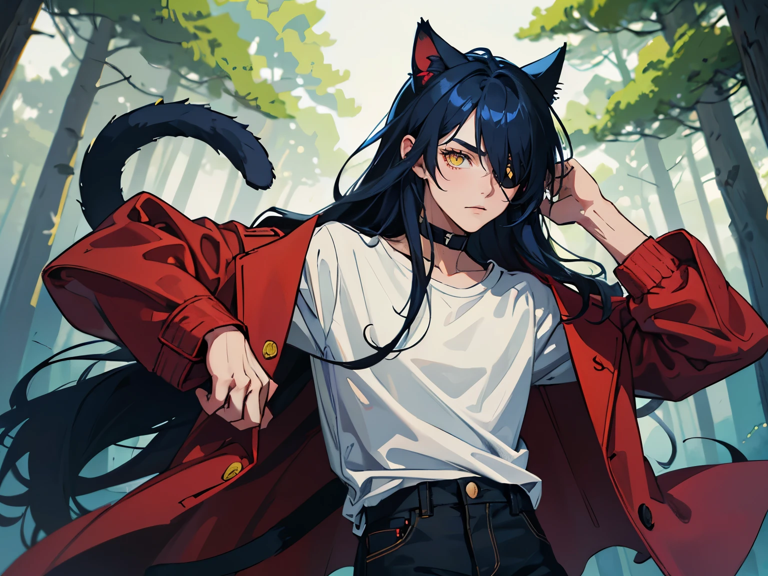 a boy, gradient_eyes, yellow eyes, upturned eyes, slit pupils, eyepatch, dark blue hair, long hair, side swept bangs, wearing a white tee shirt and a black jean, a red coat, cat ears, cat tail, in the forest, high details, high quality, best quality, highres