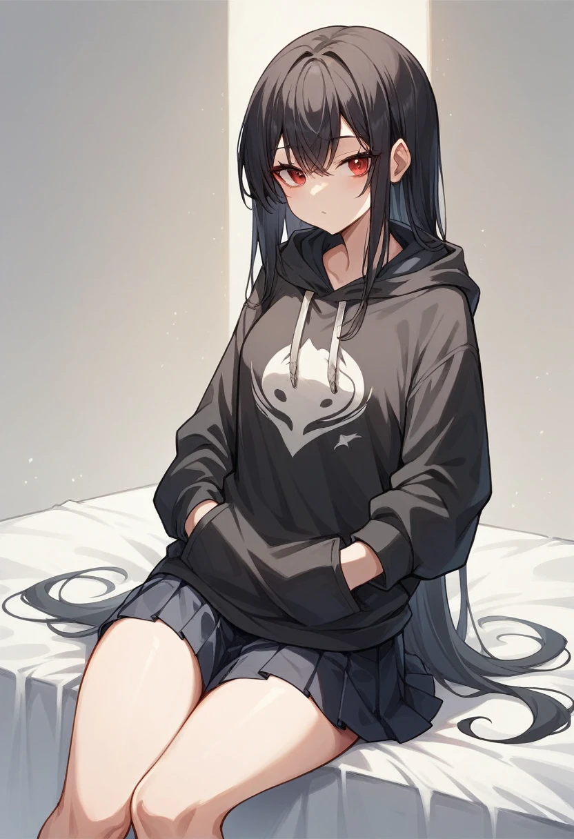 A girl with long black hair is sitting on the bed He wears a black hoodie with a hood underneath his clean black ninja kimono. Red eyes She is wearing a black pleated skirt tall With bangs Beautiful face Thin legs Smooth, long, straight hair Long and narrow face With waistline Keeping your left hand in your pocket Anime Style Long Hair