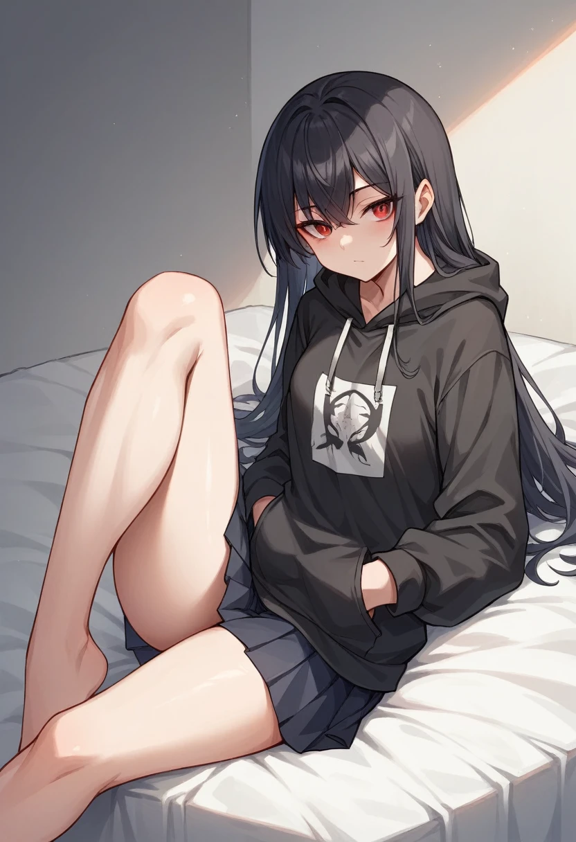 A girl with long black hair is sitting on the bed　He wears a black hoodie with a hood underneath his clean black ninja kimono.　Red eyes　She is wearing a black pleated skirt　tall　With bangs　Beautiful face　Thin legs　Smooth, long, straight hair　Long and narrow face　With waistline　Keeping your left hand in your pocket　Anime Style　Long Hair