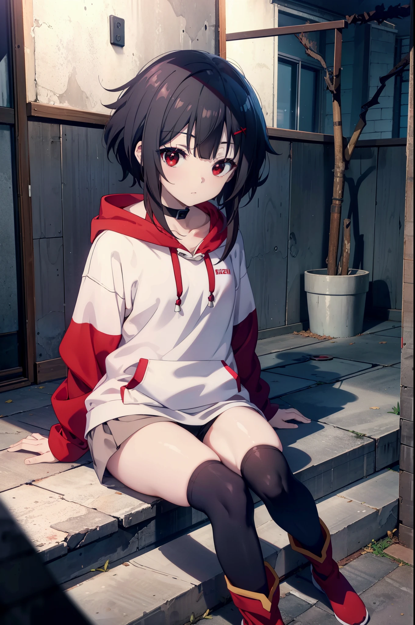 konosubaMegumin, Megumin, short hair, Black Hair, (Red eyes:1.3), short hair with long locks,Oversized red hoodie,Baseball hats,Shorts,White pantyhose,short boots,night,rain,cloudy,Hiding in a roofed building,Sitting on the stairs,whole bodyがイラストに入るように,
break indoors ,Alley,
break looking at viewer, whole body,
break (masterpiece:1.2), Highest quality, High resolution, unity 8k wallpaper, (figure:0.8), (Beautiful attention to detail:1.6), Highly detailed face, Perfect lighting, Highly detailed CG, (Perfect hands, Perfect Anatomy),