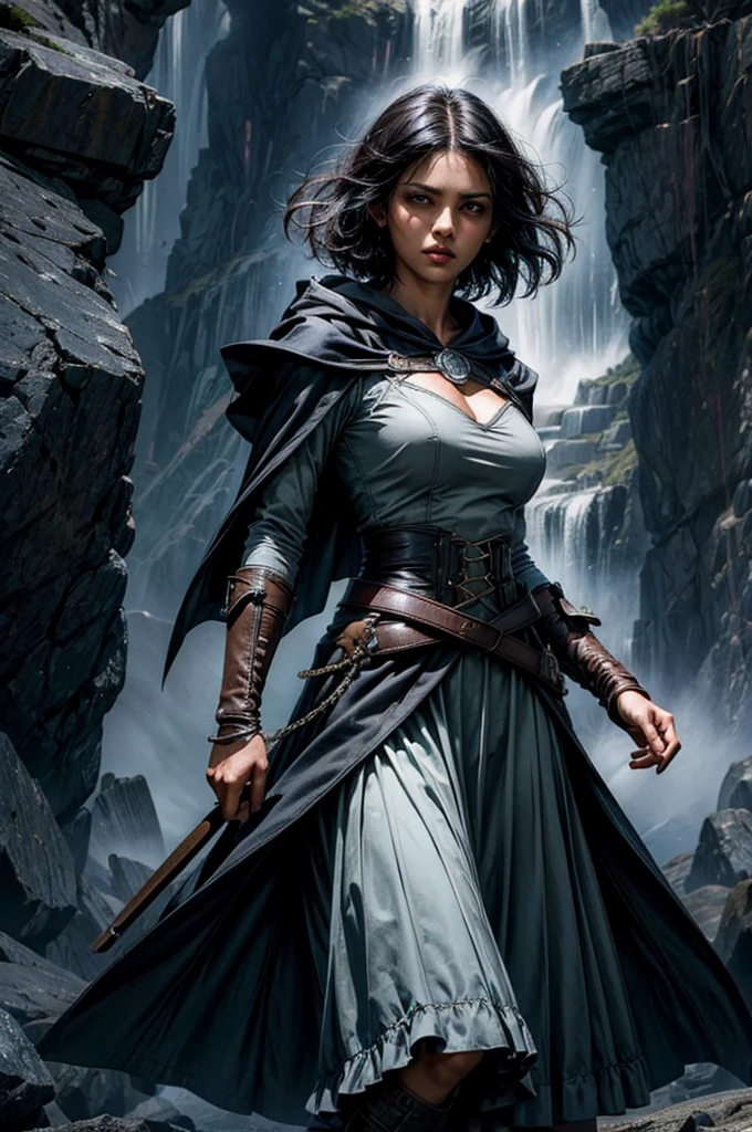 MariaCalavera, dark skin, black hair, short hair, silver eyes, dress, cleavage, cape, belts, hood, cowboy shot, (dynamic pose), standing in field in valley, BREAK mountains in background, waterfall, crowd, (crowd in military uniform), (volumetric lighting), intricate details, tonemapping, sharp focus, hyper detailed